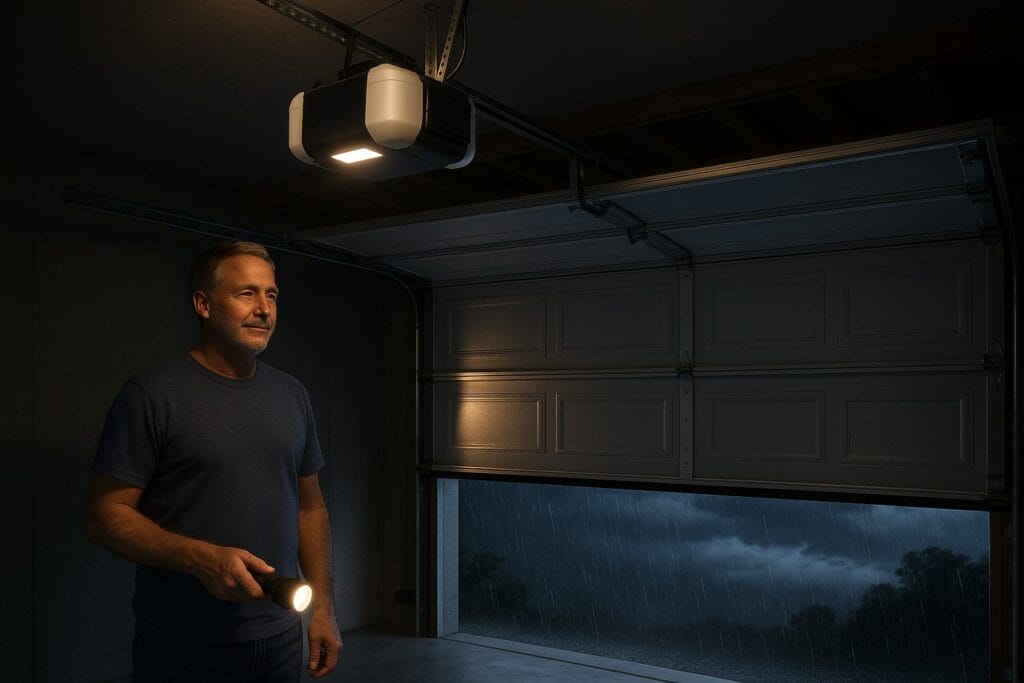 Man with flashlight inside during storm with modern garage doors and opener.