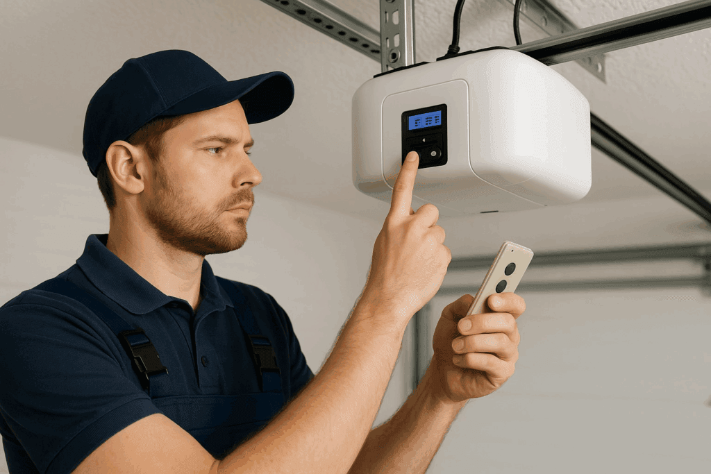 Technician adjusting a smart garage door opener during garage door repairs.