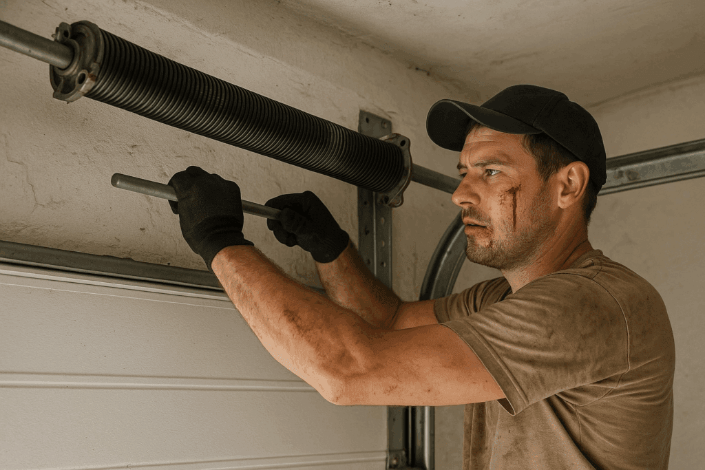 Injured man attempting dangerous spring work showing risks of DIY garage door repairs.