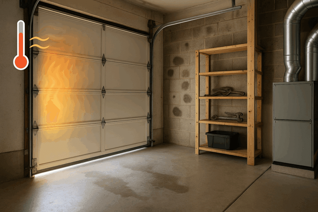 Gaps in garage door weather stripping letting in heat and light, reducing energy efficiency.