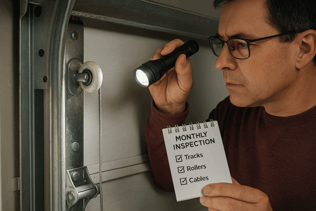 Homeowner performing monthly inspection with flashlight and checklist, examining tracks, rollers, and cables to maintain and repair garage door.