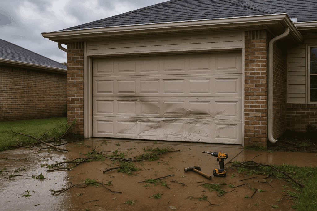Garage door dented and damaged by storm debris with tools on the ground, showing urgent need to repair garage door.