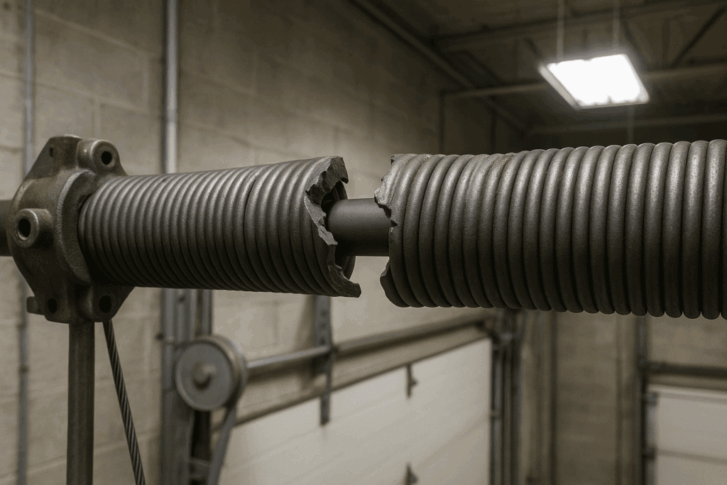 Close-up of broken torsion spring needing urgent commercial garage door repair.