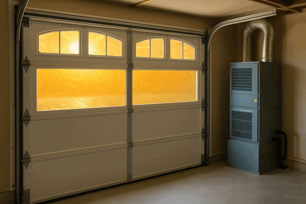 Interior view of modern garage doors with insulated windows and HVAC system.