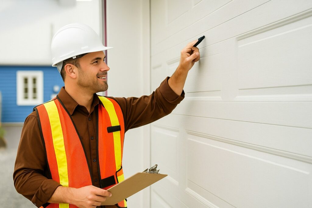Technician performing a garage door tune-up, inspecting the door surface and components for proper alignment and safety.