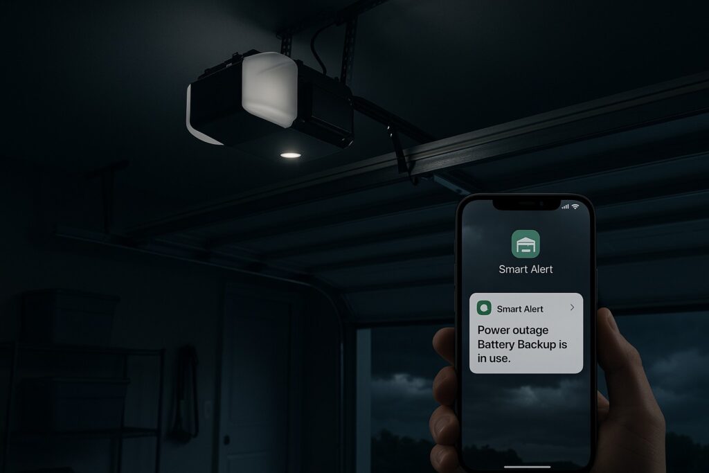 Garage door repair alert showing smart opener battery backup during a power outage.
