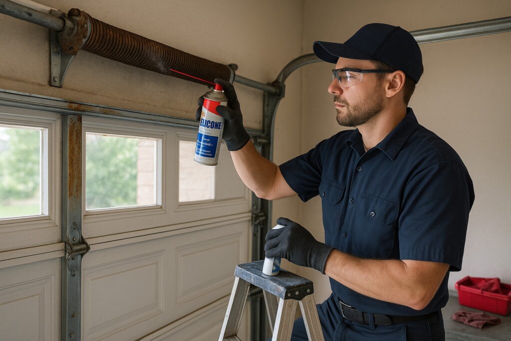 Garage door repair technician lubricating garage door springs for smoother operation.